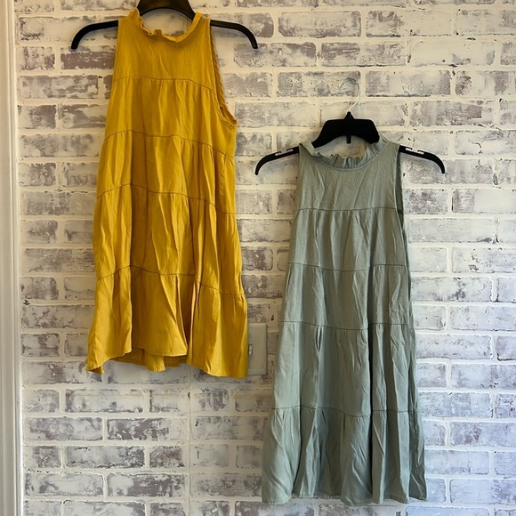 Bundle of 2 Women’s High Neck Mini Tiered Spring Dresses Green Yellow Size Small - Picture 1 of 10